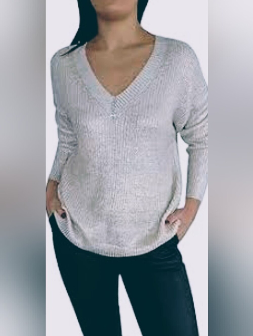 Retro V-Neck Ribbed Knit Sweater - Gray 🩶 Color